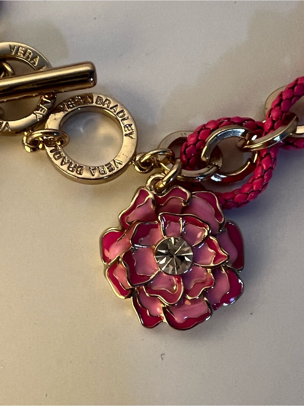 NWT Vera Bradley Hot Pink Braided Chain Bracelet with Flower Charm - Picture 4 of 7